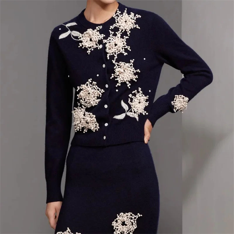 Cardigan for women 2024 Autumn New outerwears Flower Embroidered Long Sleeve Top 100% cashmere Women's sweater knitwear y2k Coat