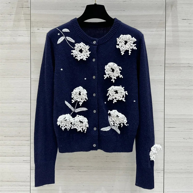 Cardigan for women 2024 Autumn New outerwears Flower Embroidered Long Sleeve Top 100% cashmere Women's sweater knitwear y2k Coat