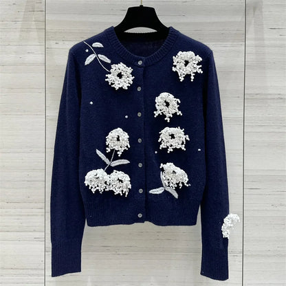 Cardigan for women 2024 Autumn New outerwears Flower Embroidered Long Sleeve Top 100% cashmere Women's sweater knitwear y2k Coat