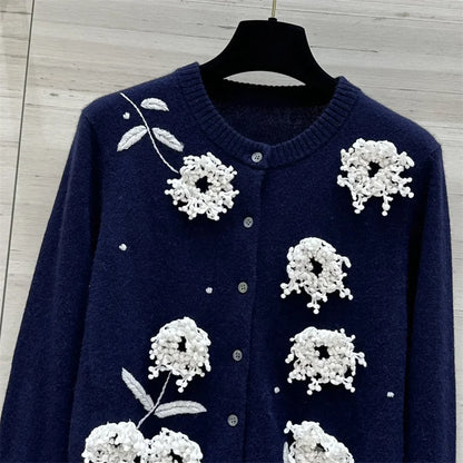 Cardigan for women 2024 Autumn New outerwears Flower Embroidered Long Sleeve Top 100% cashmere Women's sweater knitwear y2k Coat