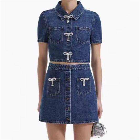 Denim jacket 2024 Summer New outerwear Korean fashion bow decoration Pure cotton denim Woman coat High quality short sleeved top