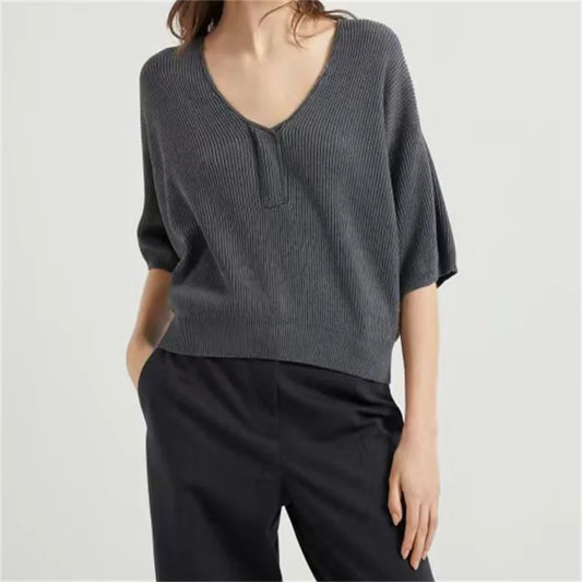 Sweaters for women 2024 Autumn New Elastic Ribbed Knitted V-neck Pullover Casual versatile pure cotton Short sleeve knitwear y2k