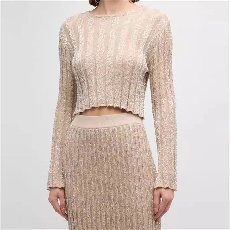 Sweaters for women 2024 Summer New Fashion Sequin Decoration Long sleeved Top Elastic knitted slim round neck pullover knitwear