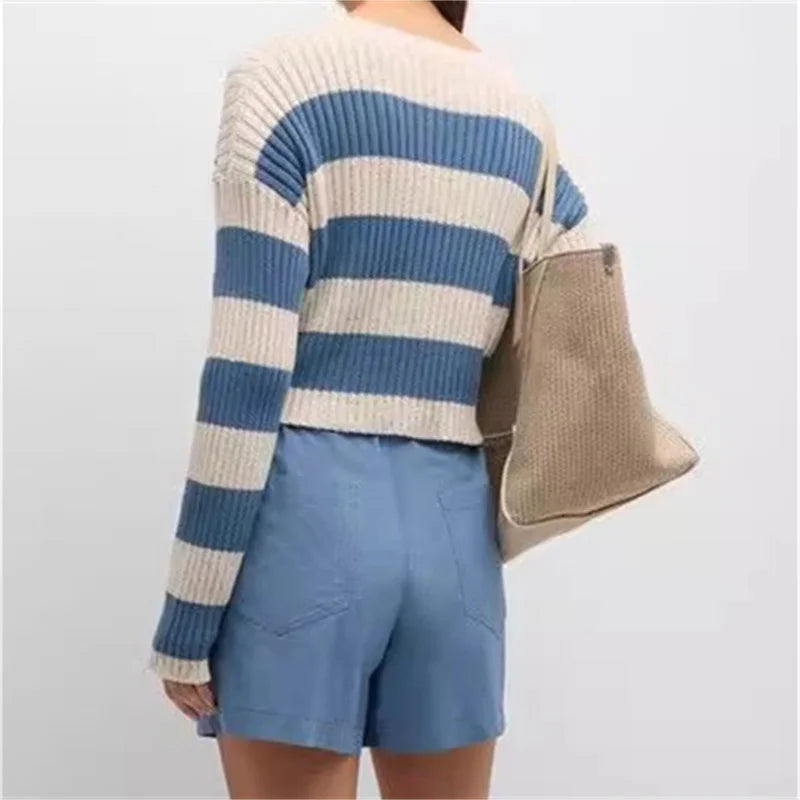 Sweaters for women 2024 Summer New in Fashion Stripe Cotton Long sleeved Top Elastic knitted Pullover Sequin decoration knitwear