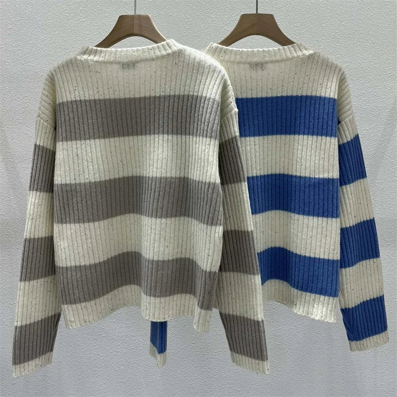 Sweaters for women 2024 Summer New in Fashion Stripe Cotton Long sleeved Top Elastic knitted Pullover Sequin decoration knitwear