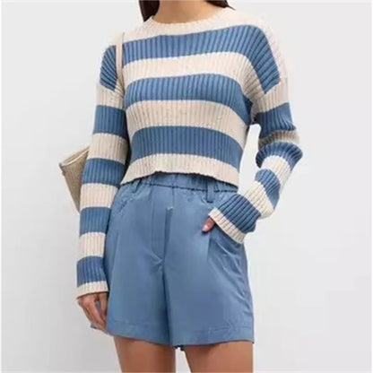 Sweaters for women 2024 Summer New in Fashion Stripe Cotton Long sleeved Top Elastic knitted Pullover Sequin decoration knitwear