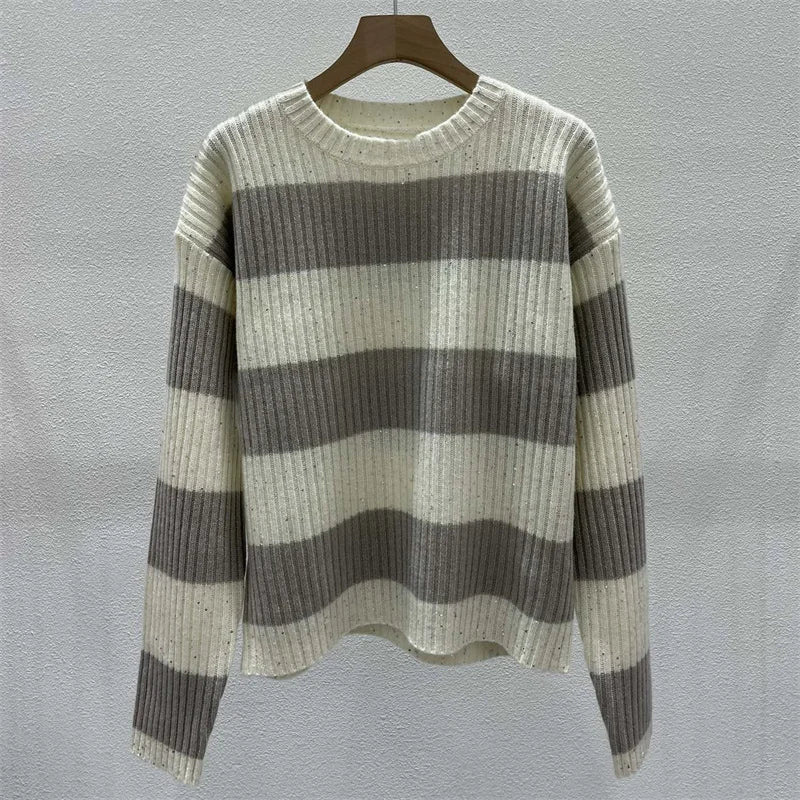 Sweaters for women 2024 Summer New in Fashion Stripe Cotton Long sleeved Top Elastic knitted Pullover Sequin decoration knitwear