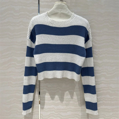 Sweaters for women 2024 Summer New in Fashion Stripe Cotton Long sleeved Top Elastic knitted Pullover Sequin decoration knitwear