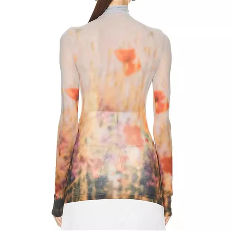 T-shirt 2024 Spring New in Retro Oil Painting Printed Women's Long sleeved Top Elastic slim fit high neck pullover y2k Top women