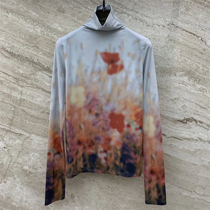 T-shirt 2024 Spring New in Retro Oil Painting Printed Women's Long sleeved Top Elastic slim fit high neck pullover y2k Top women