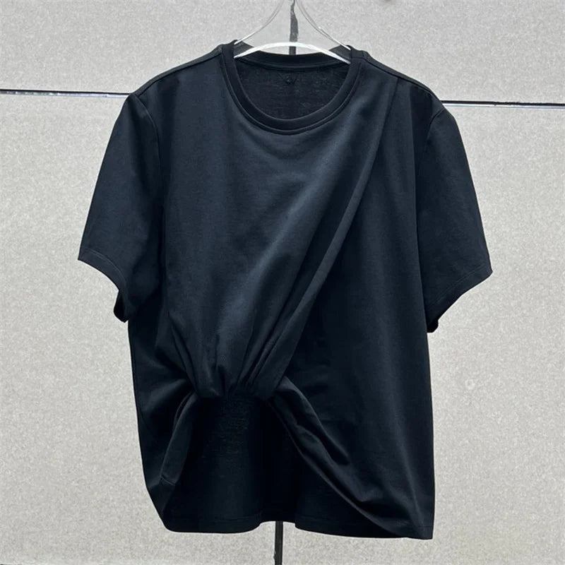 T-shirt 2024 Summer New in Asymmetric Hem Short Sleeve Top Elastic knitted pure cotton round neck pullover Open navel undershirt