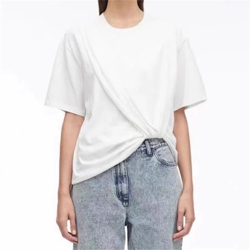 T-shirt 2024 Summer New in Asymmetric Hem Short Sleeve Top Elastic knitted pure cotton round neck pullover Open navel undershirt