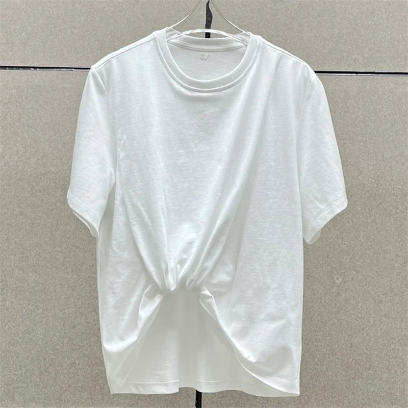 T-shirt 2024 Summer New in Asymmetric Hem Short Sleeve Top Elastic knitted pure cotton round neck pullover Open navel undershirt