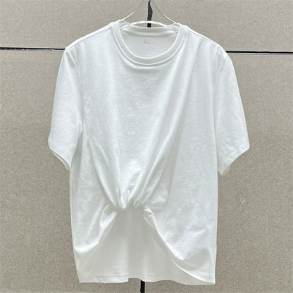 T-shirt 2024 Summer New in Asymmetric Hem Short Sleeve Top Elastic knitted pure cotton round neck pullover Open navel undershirt