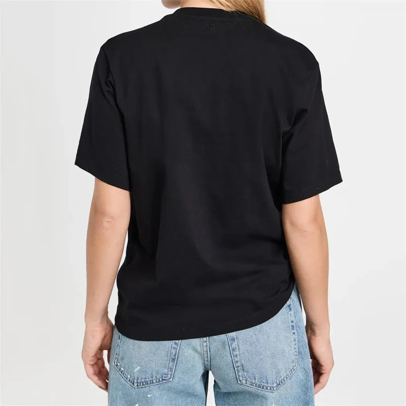 T-shirt 2024 Summer New in Asymmetric Hem Short Sleeve Top Elastic knitted pure cotton round neck pullover Open navel undershirt