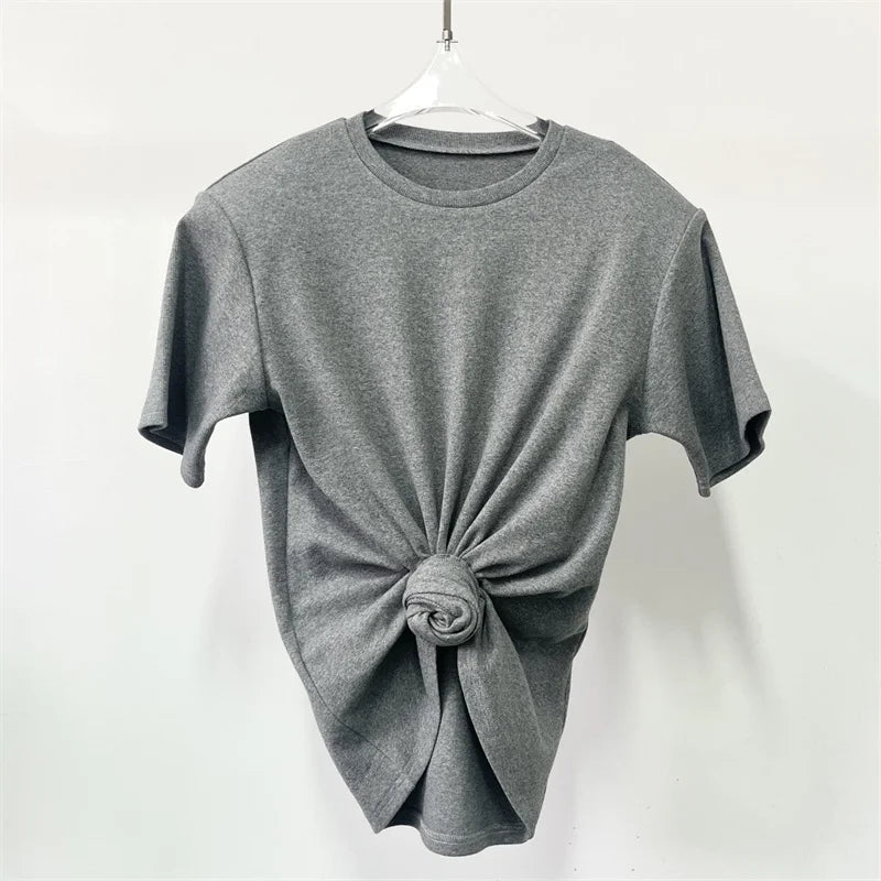 T-shirt 2024 Summer New in Irregular slim fit round neck short sleeved top Elastic ribbed knit Crop top Cotton pullover Knitwear