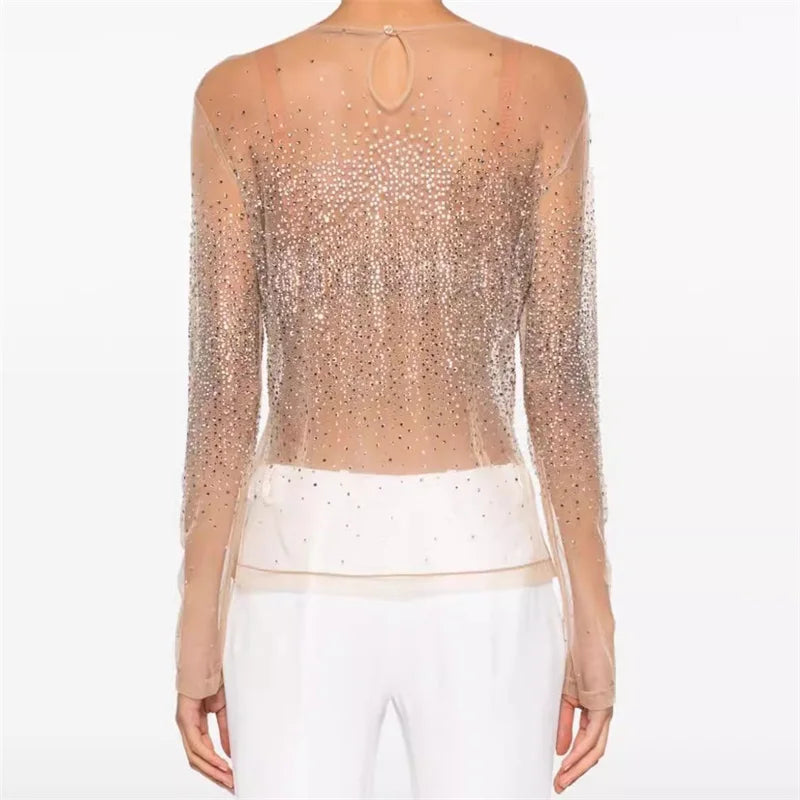 T-shirt 2024 Summer Water Diamond Decoration Round neck Cover Up Fake two-piece Translucent Mesh long sleeved top y2k pullover