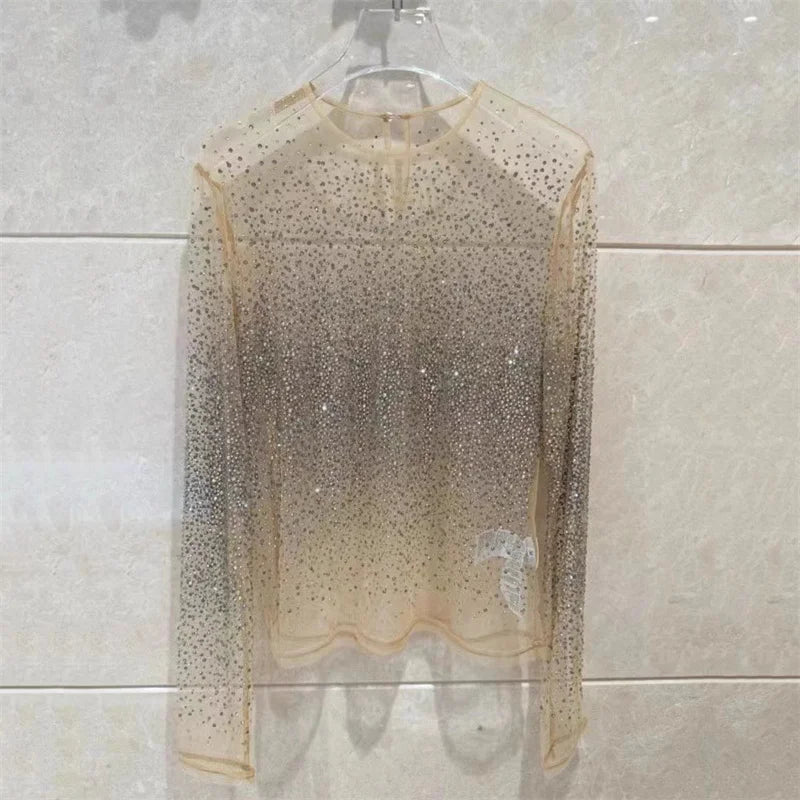 T-shirt 2024 Summer Water Diamond Decoration Round neck Cover Up Fake two-piece Translucent Mesh long sleeved top y2k pullover