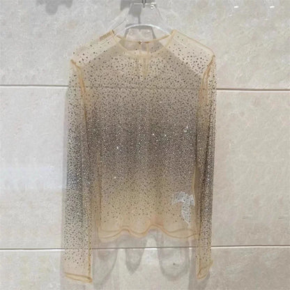 T-shirt 2024 Summer Water Diamond Decoration Round neck Cover Up Fake two-piece Translucent Mesh long sleeved top y2k pullover