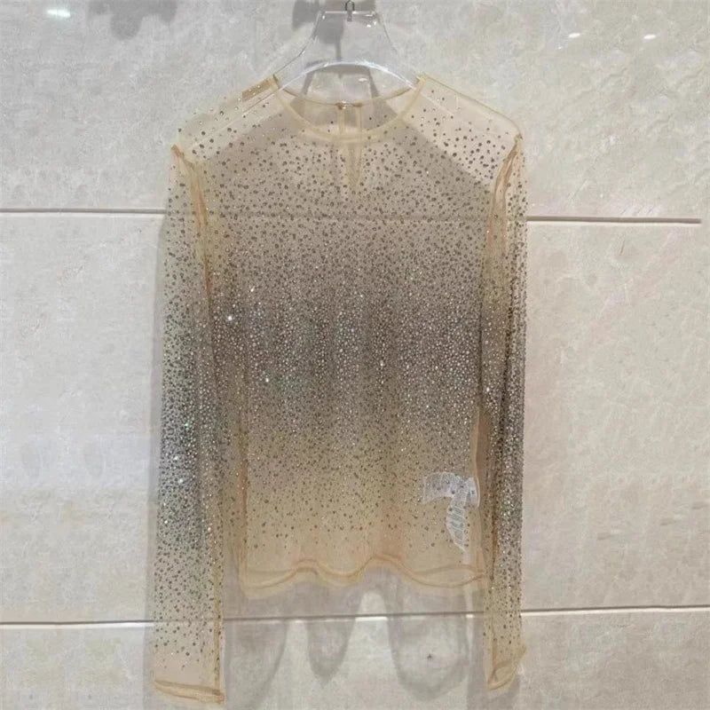 T-shirt 2024 Summer Water Diamond Decoration Round neck Cover Up Fake two-piece Translucent Mesh long sleeved top y2k pullover