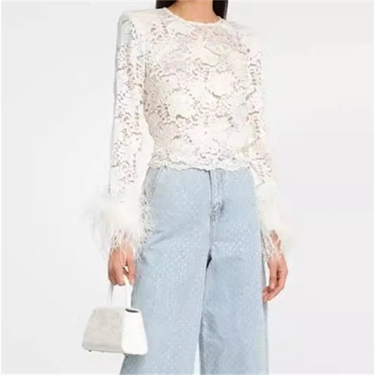 T-shirts 2024 Autumn New Fashion feather decorated women's long sleeved top Lace flower embroidery Round neck pullover crop top