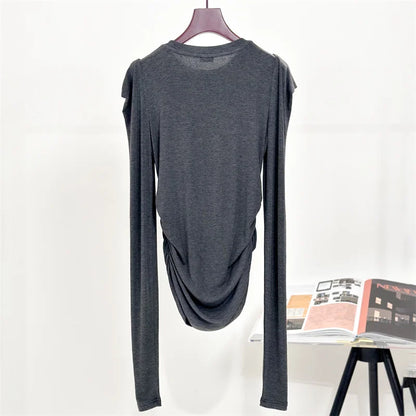 T-shirts New autumn 2024 pleated slim fit women's long sleeved top Elastic round neck pullover sweater wool blend Women top y2k