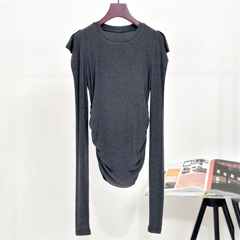 T-shirts New autumn 2024 pleated slim fit women's long sleeved top Elastic round neck pullover sweater wool blend Women top y2k