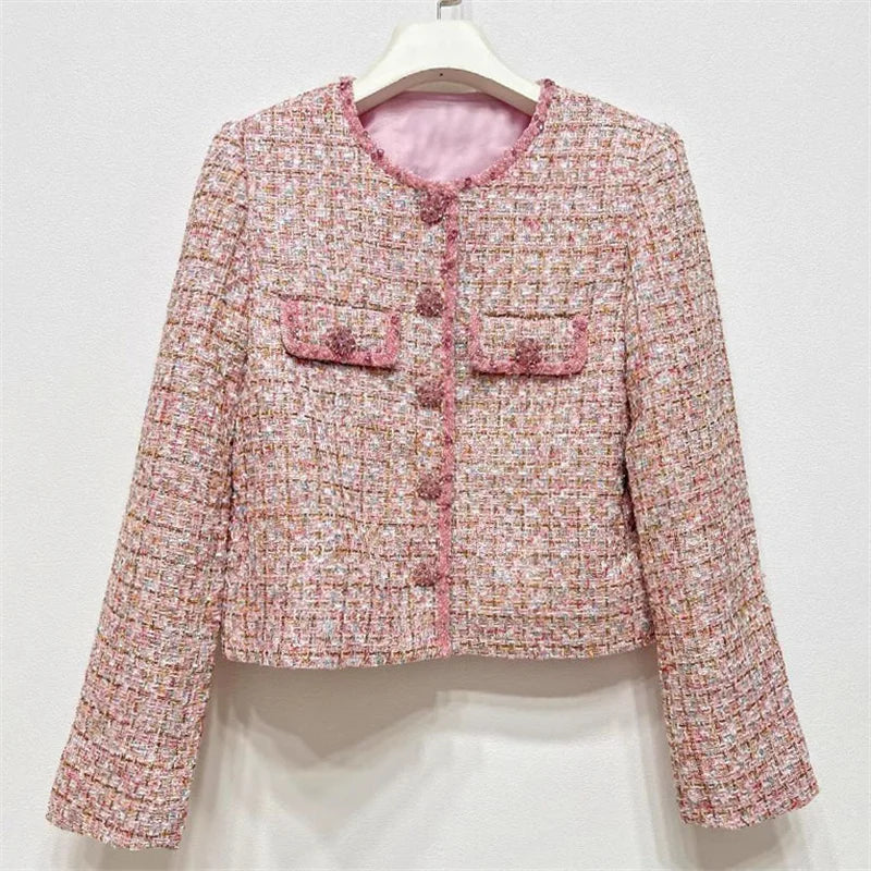 Women jacket 2024 Autumn New in outerwears Fashion Button Decoration Women coat High quality tweed round neck long sleeved top