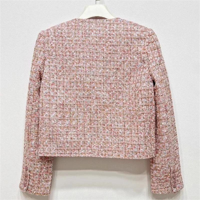 Women jacket 2024 Autumn New in outerwears Fashion Button Decoration Women coat High quality tweed round neck long sleeved top