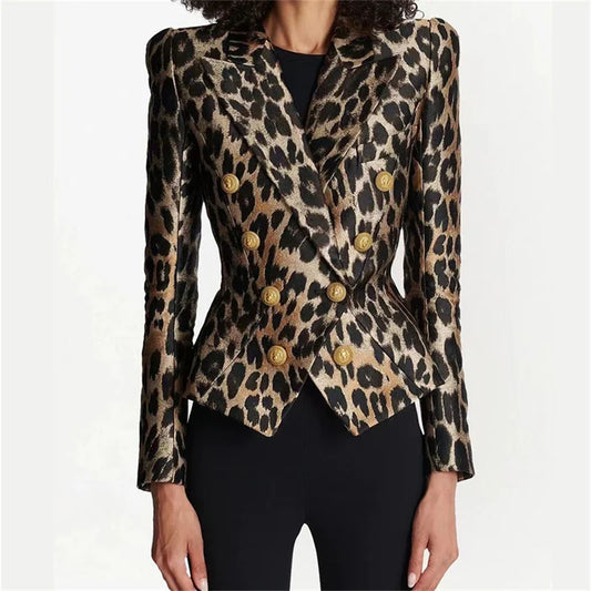 Women jacket 2024 Summer Leopard Print Women coat Korean fashion double breasted slim outerwears High quality long sleeved top