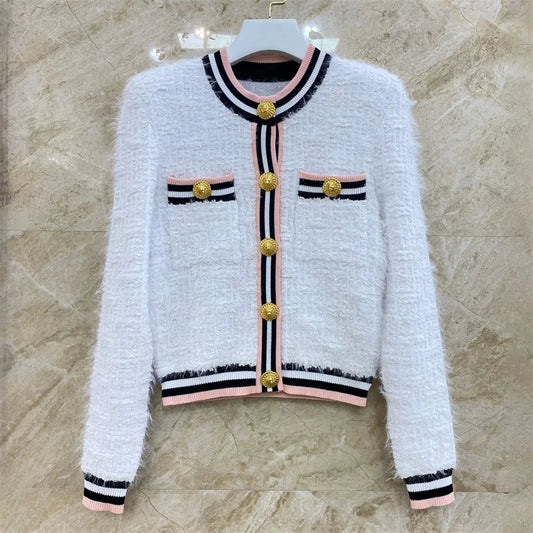 Women jacket 2024 Summer New Fashion Slim Fit Women's Coat Contrast patchwork long sleeved top Metal button decoration Cardigan