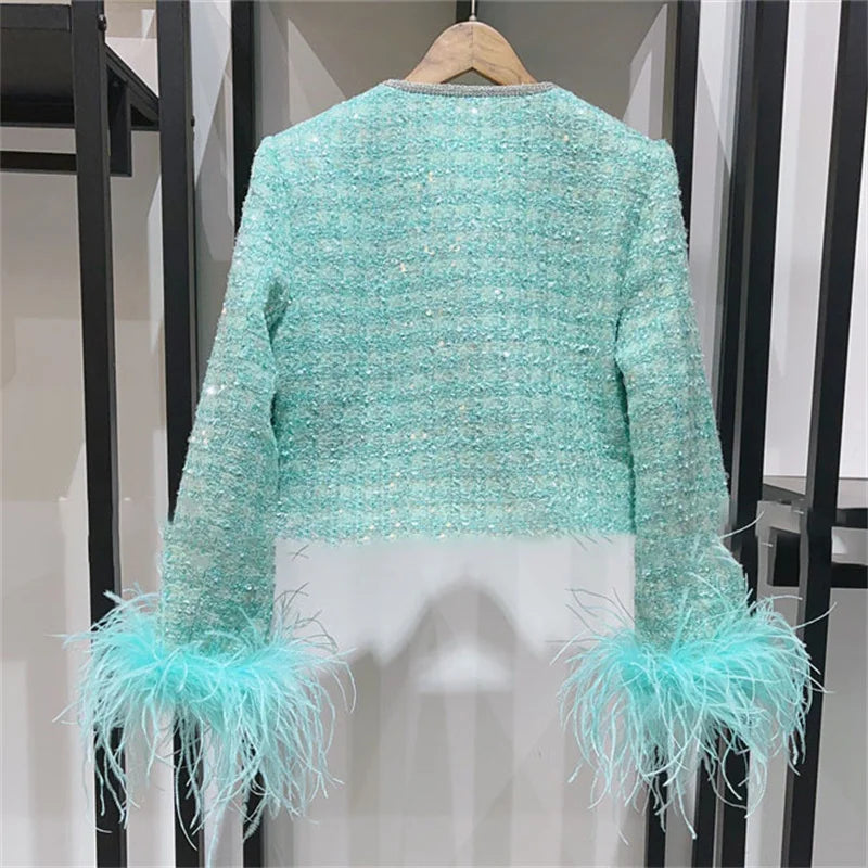 Women jacket 2024 autumn New outerwears Fashion sequin decorative tweed Long sleeved top Feather patchwork Women coat y2k Blouse