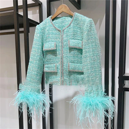 Women jacket 2024 autumn New outerwears Fashion sequin decorative tweed Long sleeved top Feather patchwork Women coat y2k Blouse