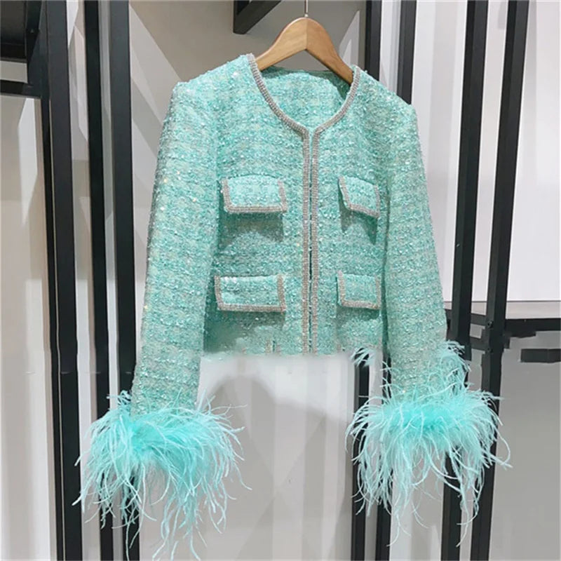 Women jacket 2024 autumn New outerwears Fashion sequin decorative tweed Long sleeved top Feather patchwork Women coat y2k Blouse