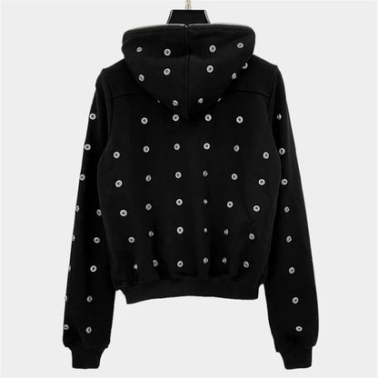 Women's Hoodie 2024 Autumn New Willow nail decoration women's long sleeved top Elastic knitted pure cotton cardigan sweatshirt