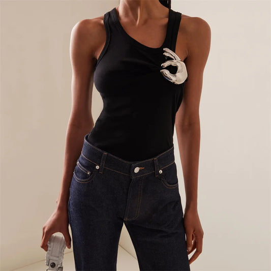 Women's T-shirt 2023 New in Korean Fashion Vest Pure Cotton Sleeveless Top Asymmetric slim fit women's tight corset y2k tank top