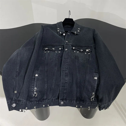 Women's denim jacket 2024 Autumn New outerwears Rivet Buckle Decorative Women's coats Retro pure cotton Loose long sleeved top