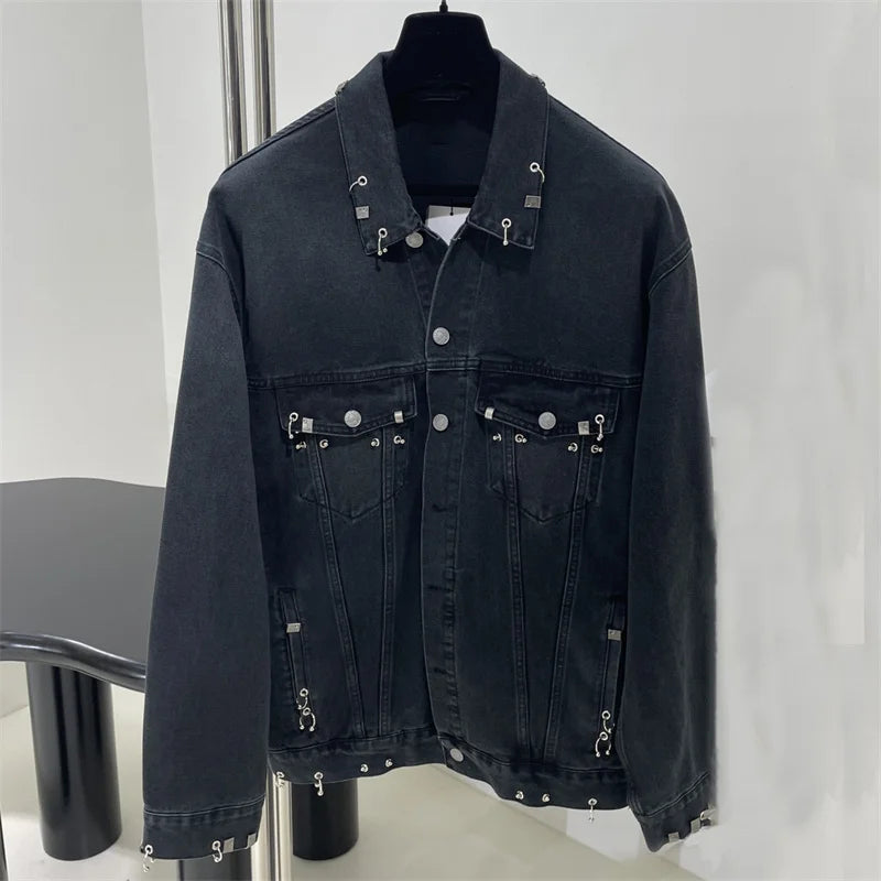 Women's denim jacket 2024 Autumn New outerwears Rivet Buckle Decorative Women's coats Retro pure cotton Loose long sleeved top