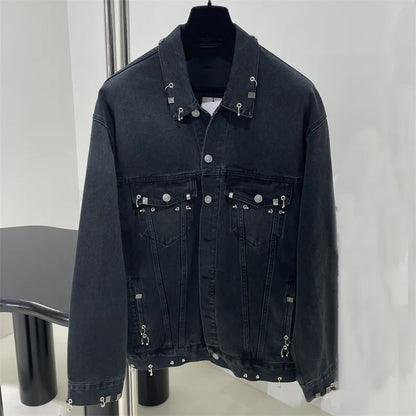 Women's denim jacket 2024 Autumn New outerwears Rivet Buckle Decorative Women's coats Retro pure cotton Loose long sleeved top