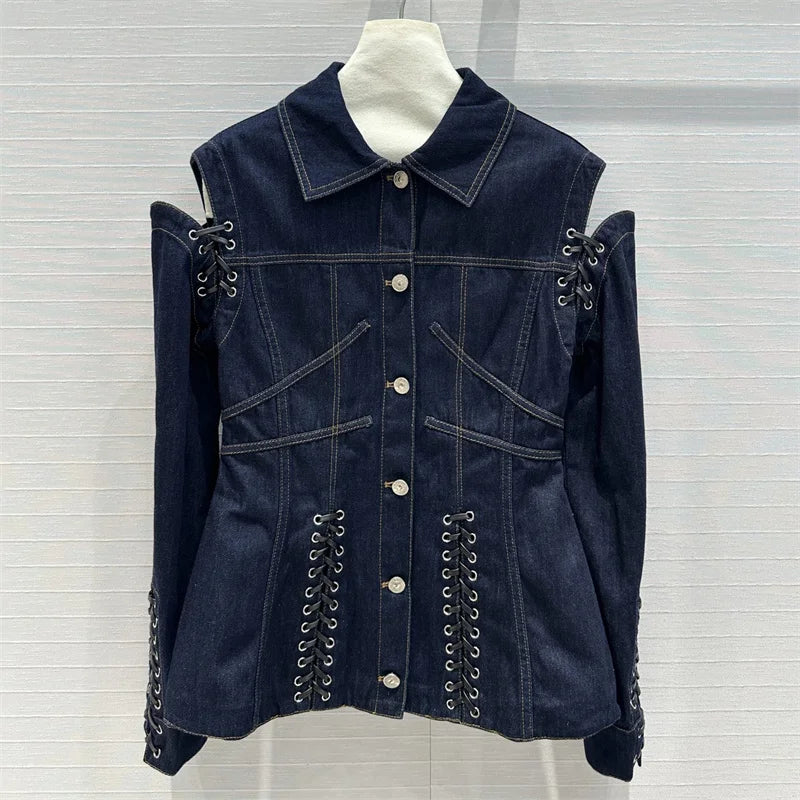 Women's denim jacket 2024 Autumn new in outerwears Retro washed pure long sleeved top Strap decoration Women's coats Jean jacket