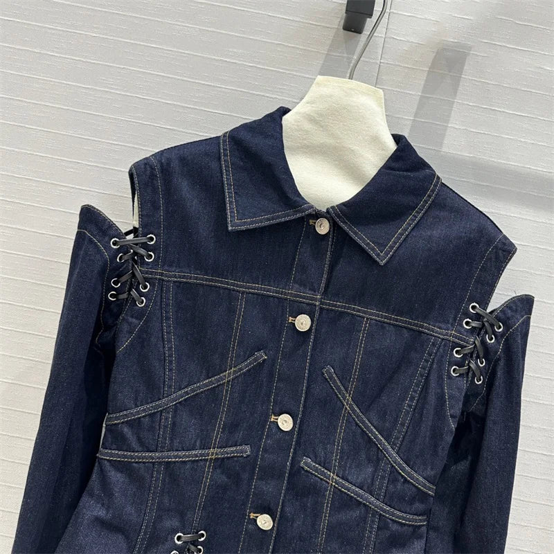 Women's denim jacket 2024 Autumn new in outerwears Retro washed pure long sleeved top Strap decoration Women's coats Jean jacket