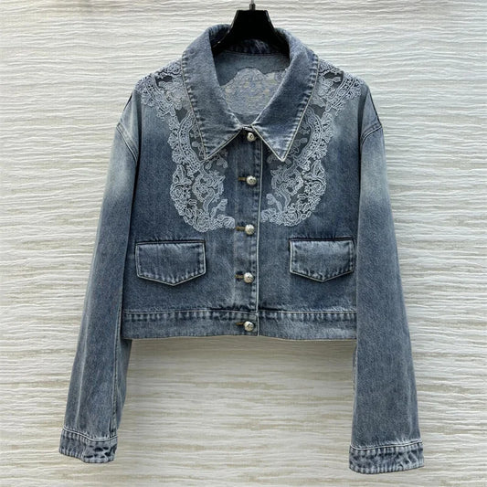 Women's denim jacket 2024 autumn New in outerwear lace embroidered lapel long sleeved top Vintage pure cotton Coat Women's coats