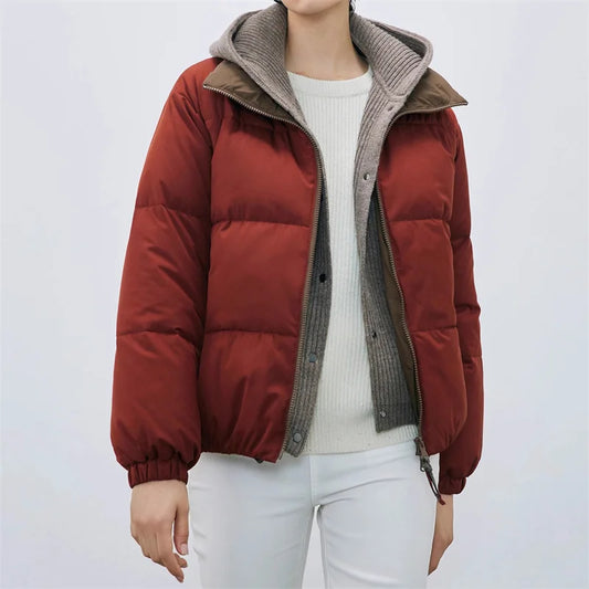 Women's down jacket 2024 New Knitted Splicing Winter Thick Coat 90 white goose filled Puffer coats wool blend Hooded down coats