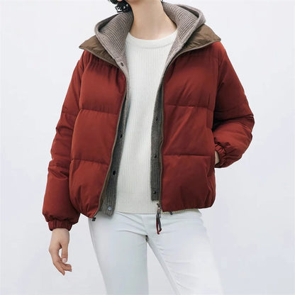 Women's down jacket 2024 New Knitted Splicing Winter Thick Coat 90 white goose filled Puffer coats wool blend Hooded down coats