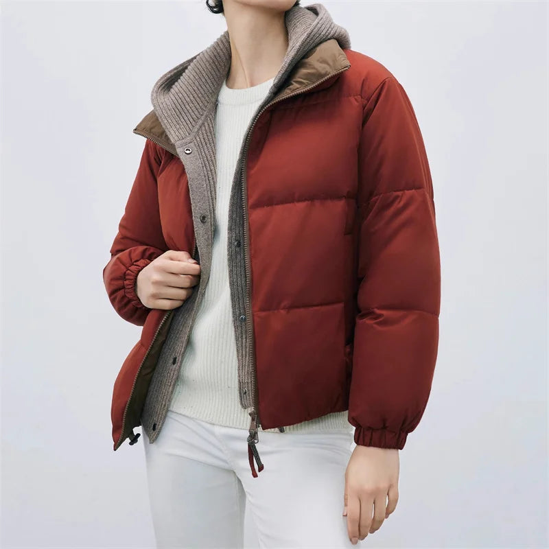 Women's down jacket 2024 New Knitted Splicing Winter Thick Coat 90 white goose filled Puffer coats wool blend Hooded down coats