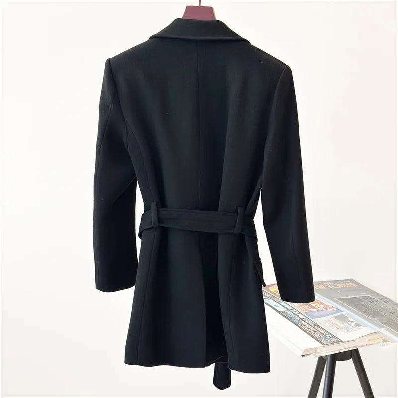 Women's jacket 2024 Autumn New Fashion Belt Decoration Medium to Long Women's suit jacket Double breasted slim fit wool Coat y2k