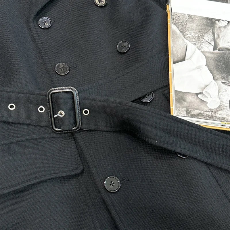 Women's jacket 2024 Autumn New Fashion Belt Decoration Medium to Long Women's suit jacket Double breasted slim fit wool Coat y2k