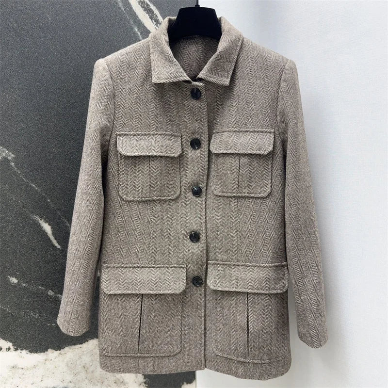 Women's jacket 2024 autumn New outerwears pocket decorative long sleeved top High quality Cotton blend Women's coat y2k Blazer