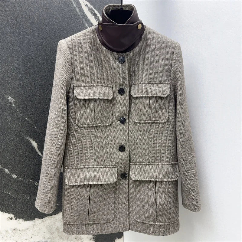 Women's jacket 2024 autumn New outerwears pocket decorative long sleeved top High quality Cotton blend Women's coat y2k Blazer