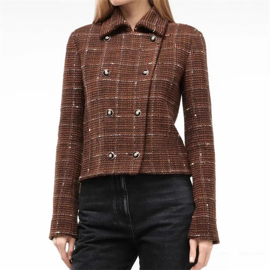 Women's jacket New outerwears autumn 2024 double breasted slim fit long sleeved top High quality wool blended plaid Women's coat